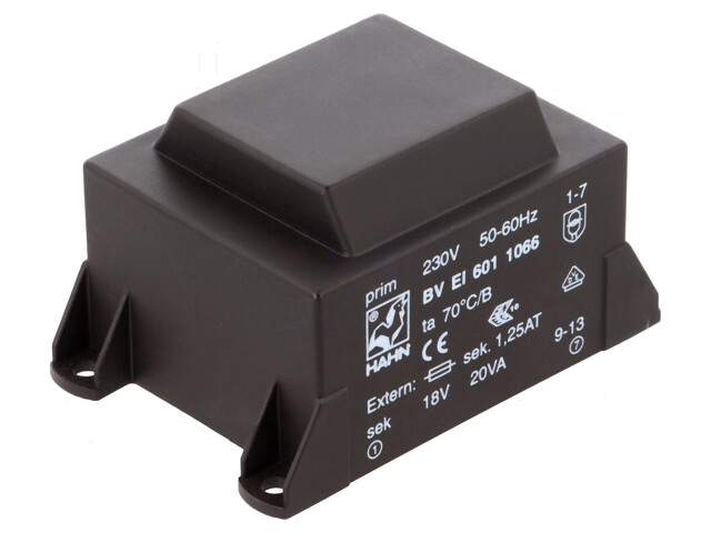 Transformator: ingegoten; 20VA; 230VAC; 18V; 1112mA; PCB; BVEI Transformator: ingegoten; 20VA; 230VAC; 18V; 1112mA; PCB; BVEI